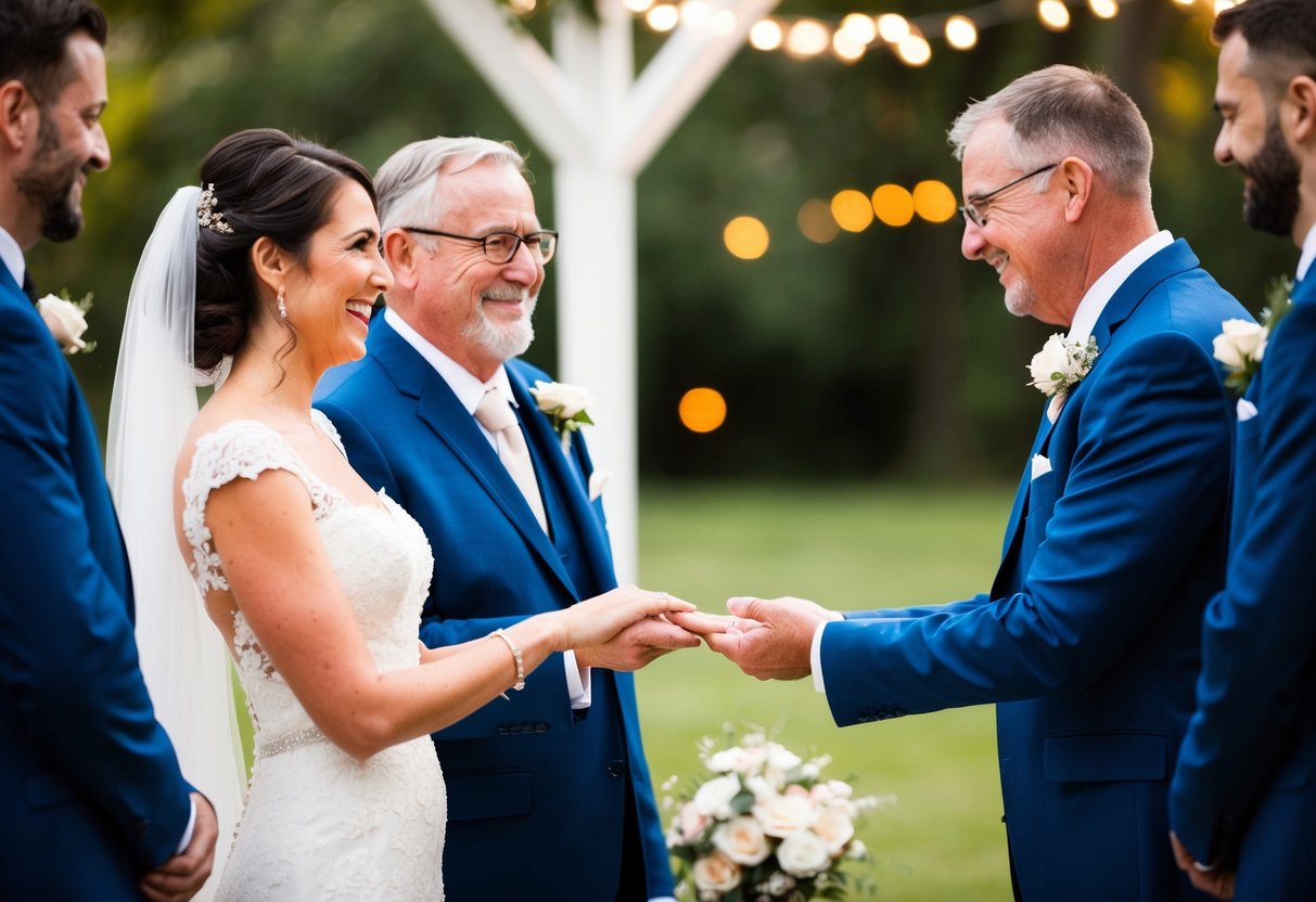 The father of the bride stands proudly beside his daughter, offering her hand to the groom as they exchange vows. He watches with a mix of joy and bittersweet emotion as he officially "gives her away."