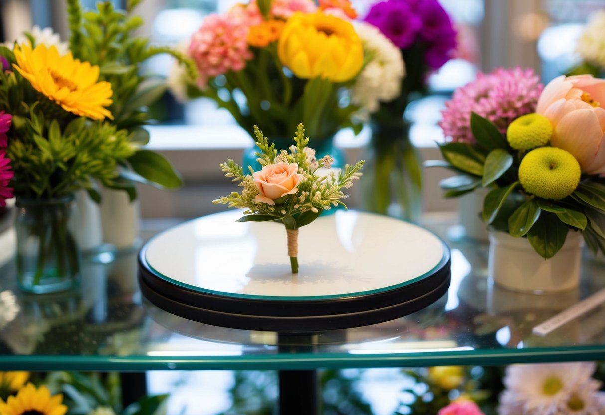 A small, delicate corsage sits on a display table in a flower shop, surrounded by other colorful blooms and greenery