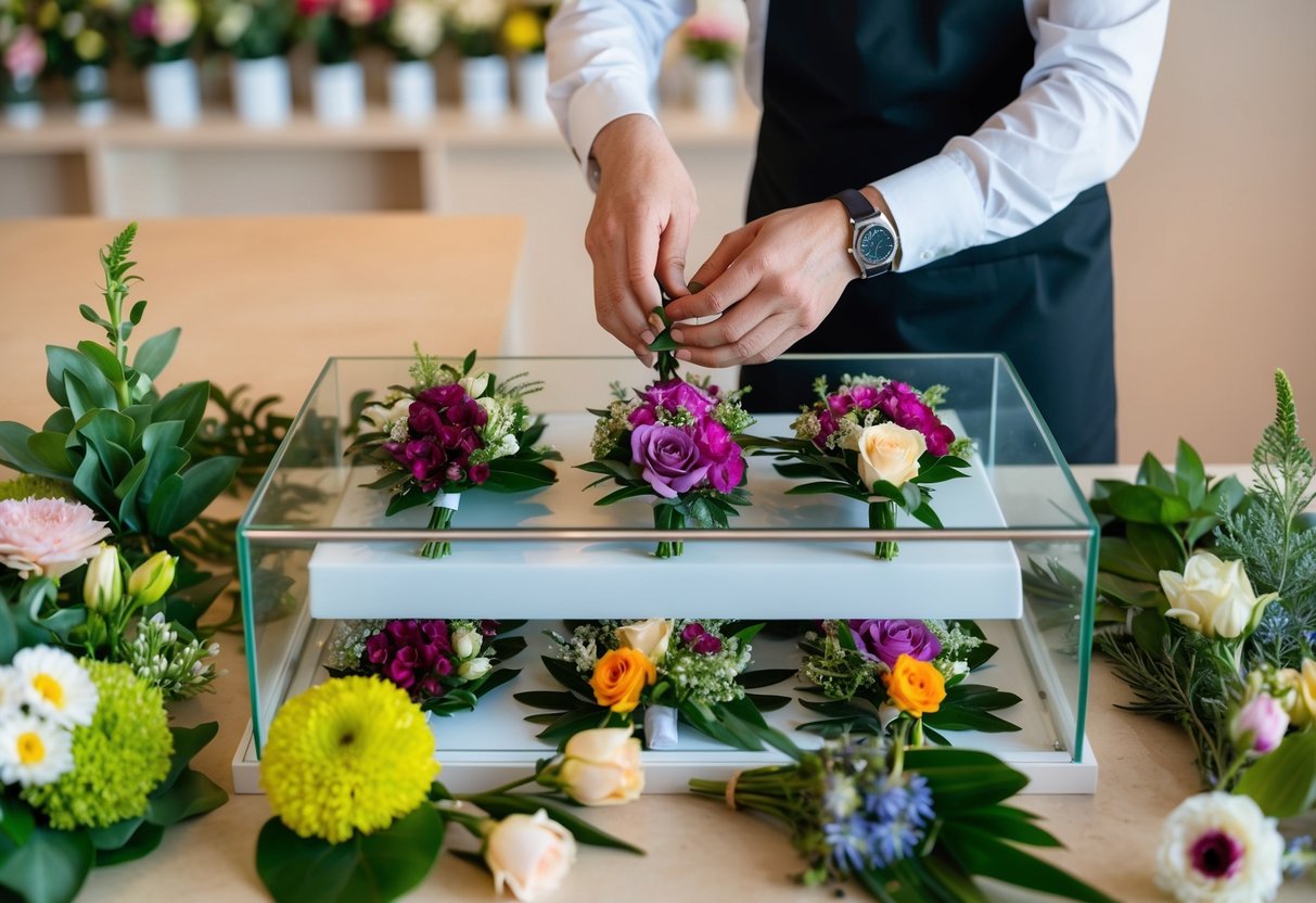 A florist arranging corsages in a display case, surrounded by various types of flowers and greenery