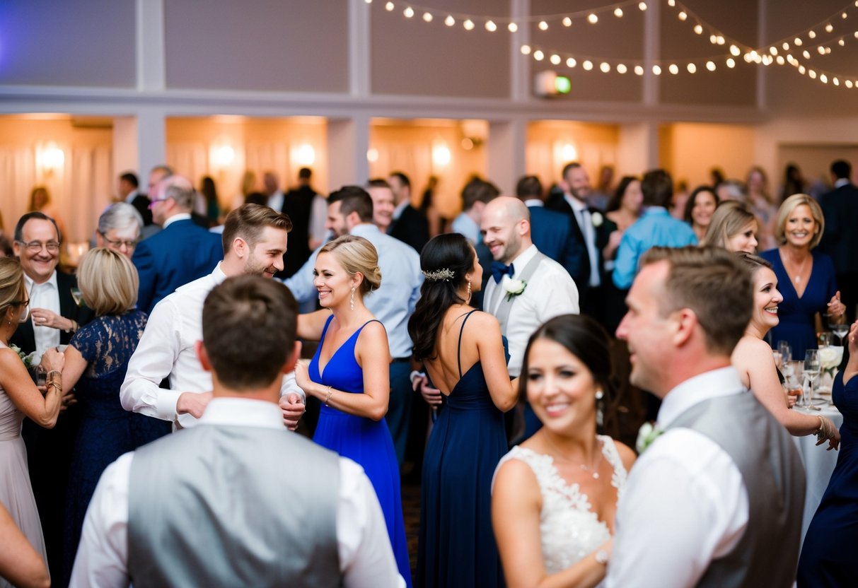 Guests mingle, dance, and enjoy the reception. The bride and groom remain present throughout, interacting with friends and family