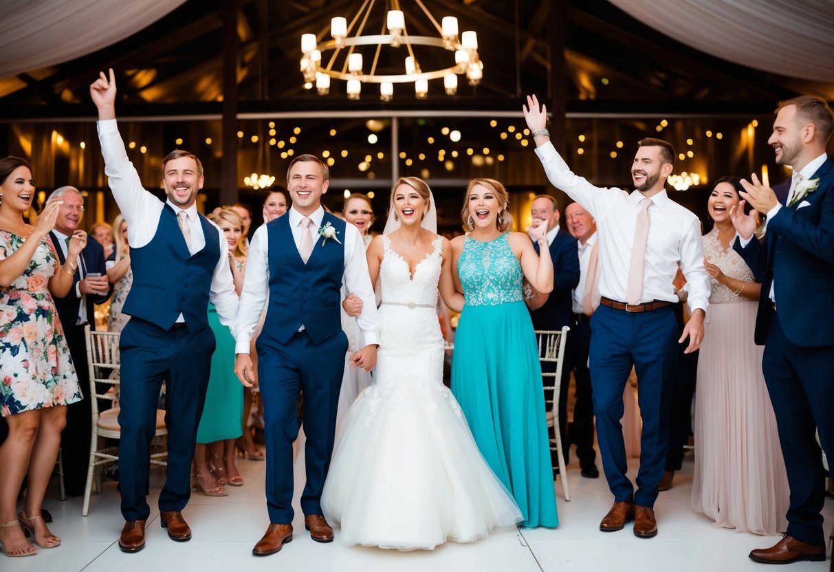 The bride and groom stand at the center of the reception, surrounded by joyful guests and a festive atmosphere