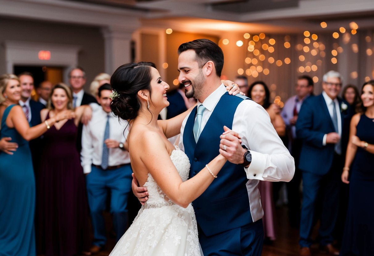 The bride and groom dance together, surrounded by friends and family, as the reception continues
