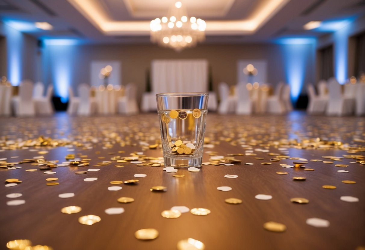 The empty reception hall with scattered confetti and half-filled glasses