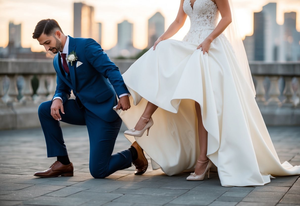 The groom kneels, lifting the bride's dress to reveal her elegant shoes and the hem of her gown