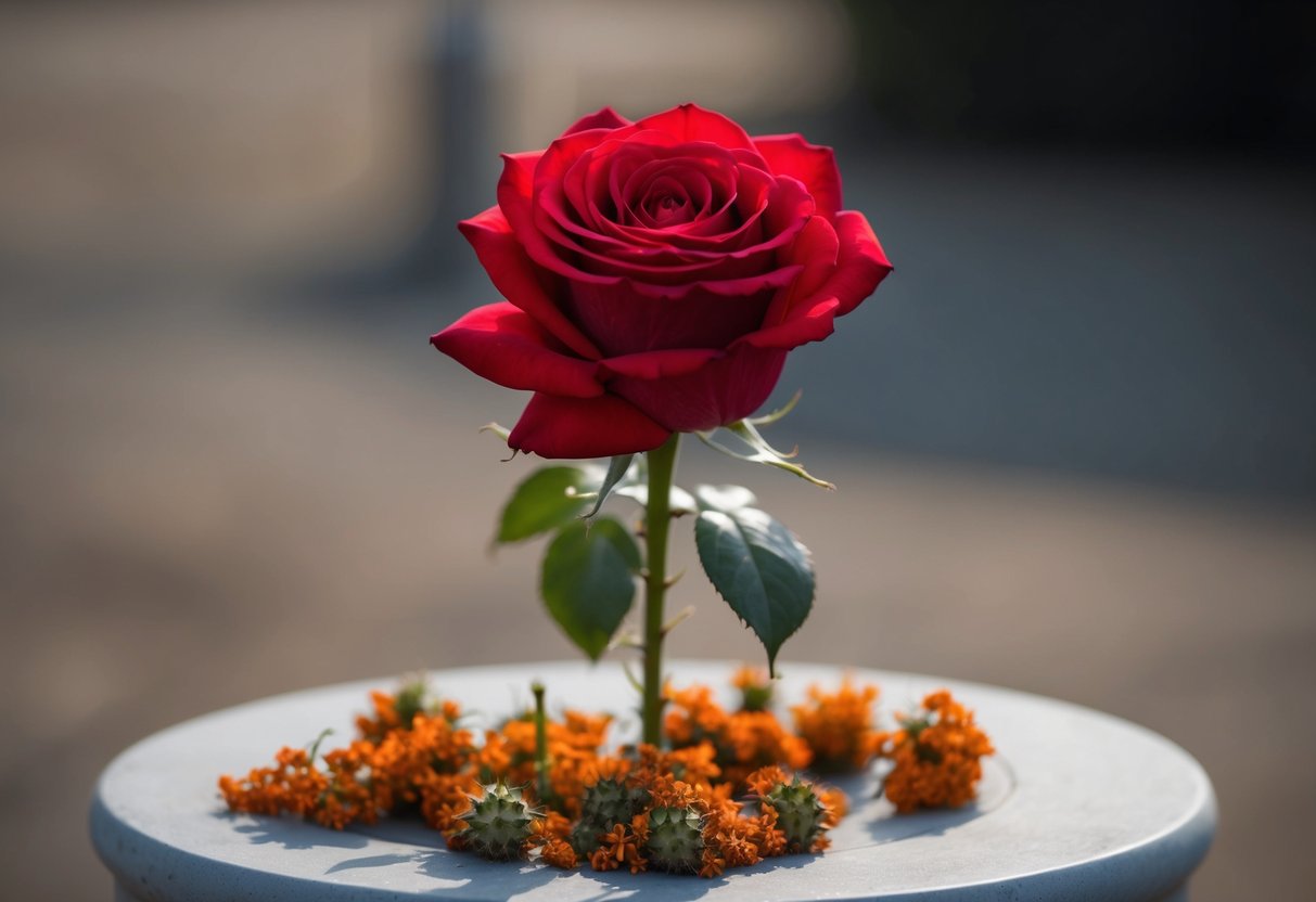 A vibrant red rose stands alone atop a pedestal, surrounded by smaller, wilting flowers. Its petals unfurl gracefully, exuding an air of regality