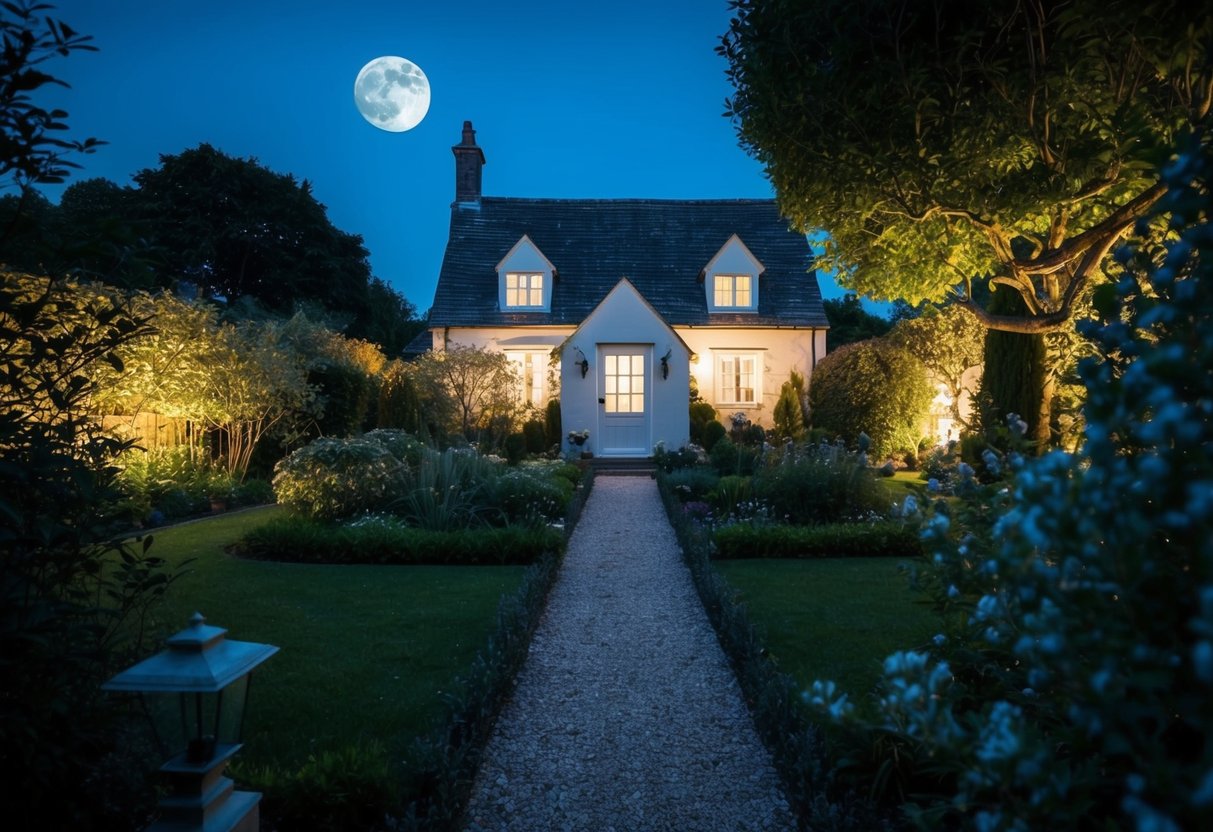 A moonlit garden with a path leading to a softly lit cottage