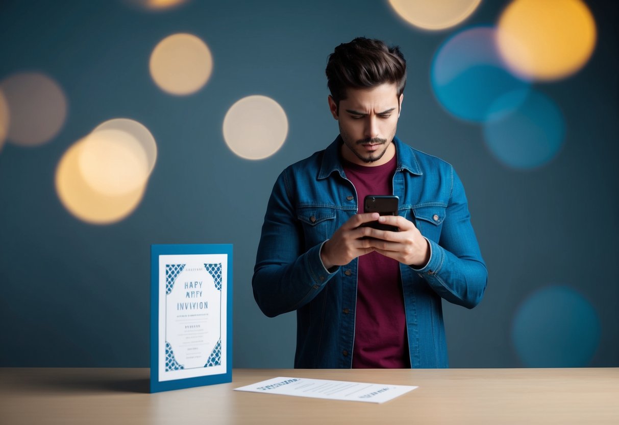 A person standing alone, looking at their phone with a dismissive expression while a party invitation lies ignored on a table