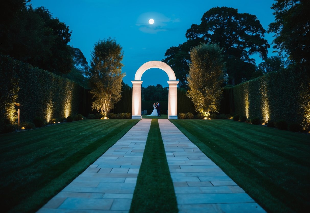 A moonlit garden with two separate paths leading to a grand, illuminated archway, symbolizing the tradition of not seeing each other before the wedding