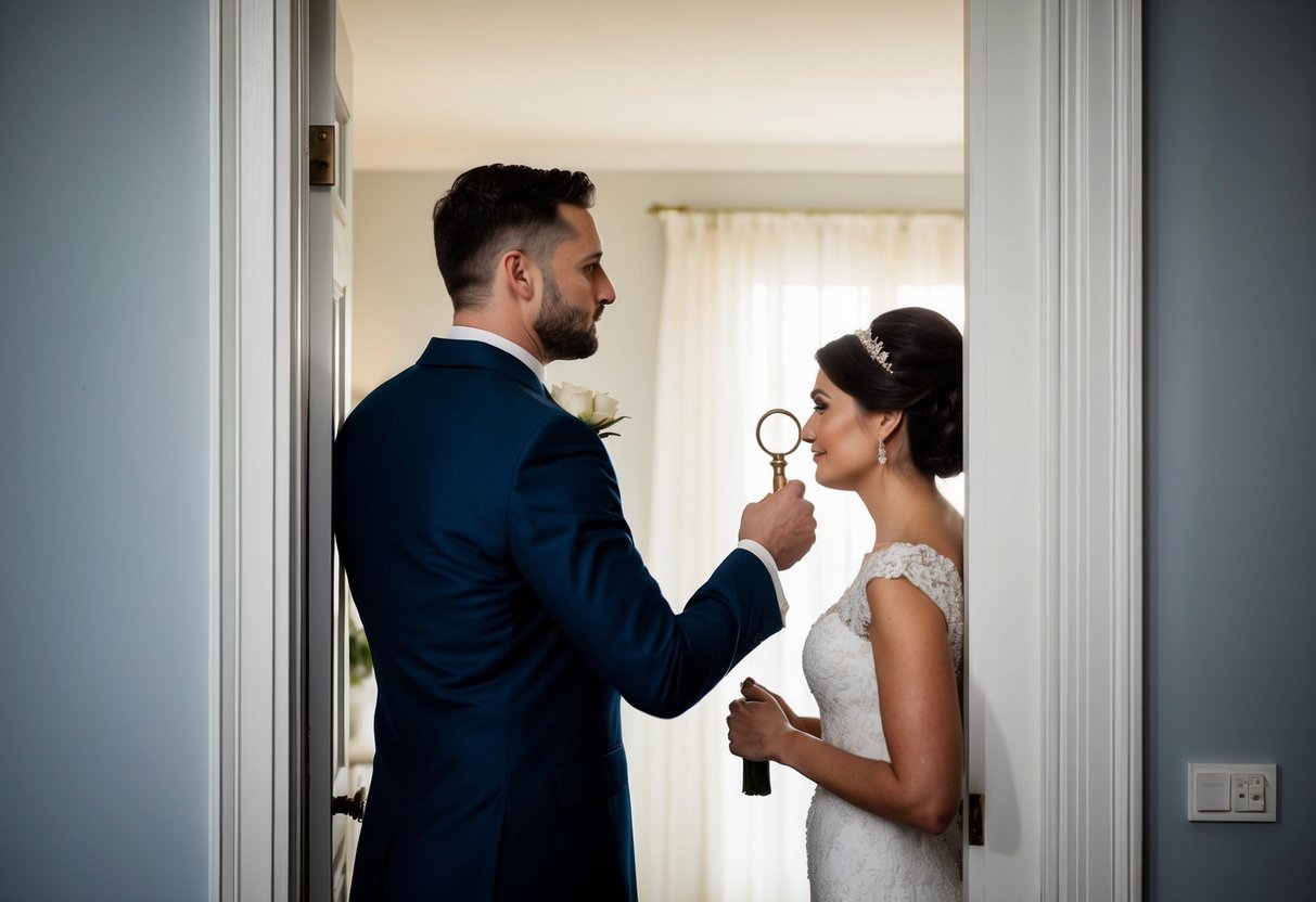A groom stands outside a closed door, casting a longing gaze through the keyhole at the silhouette of his bride on the other side