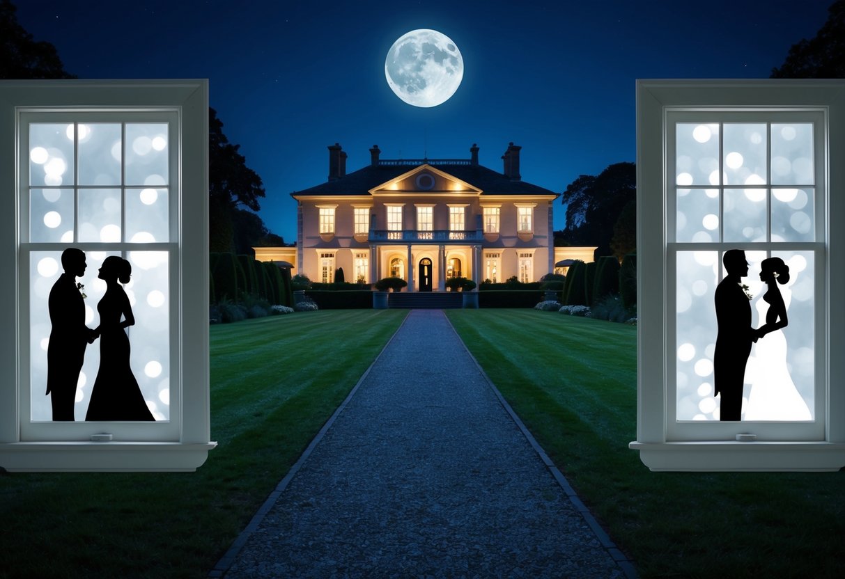 A moonlit garden with a pathway leading to a grand, illuminated mansion. Silhouettes of the bride and groom in separate windows