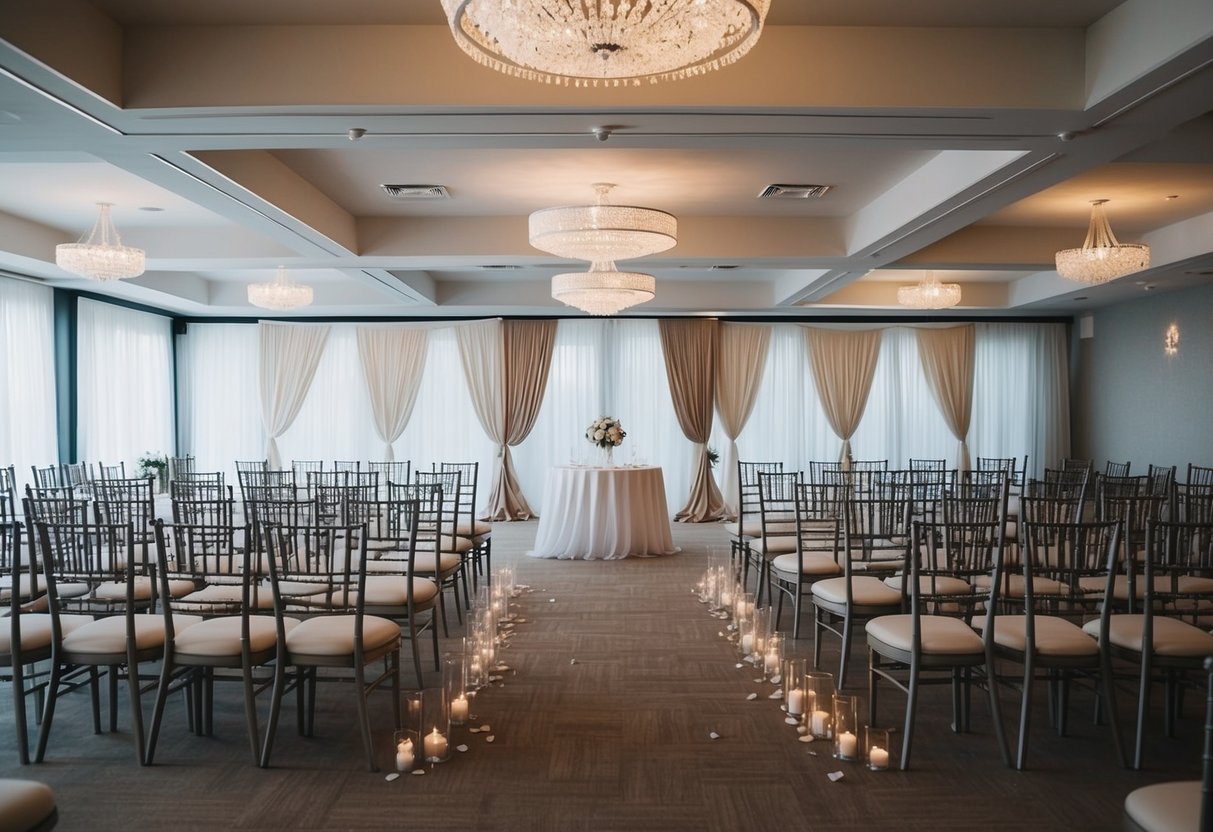 A deserted wedding venue with empty chairs and untouched decorations