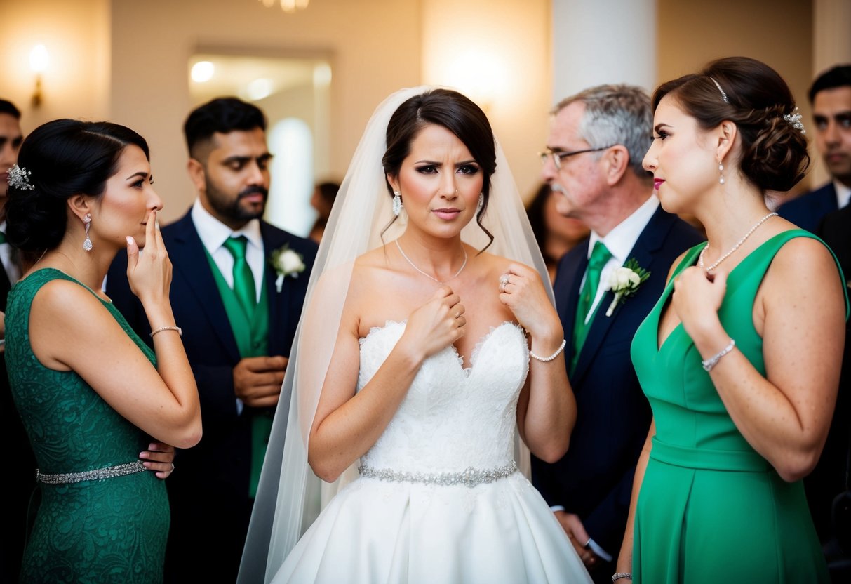 A bride in a white gown looks disapprovingly at a guest wearing green, while others whisper and exchange knowing glances