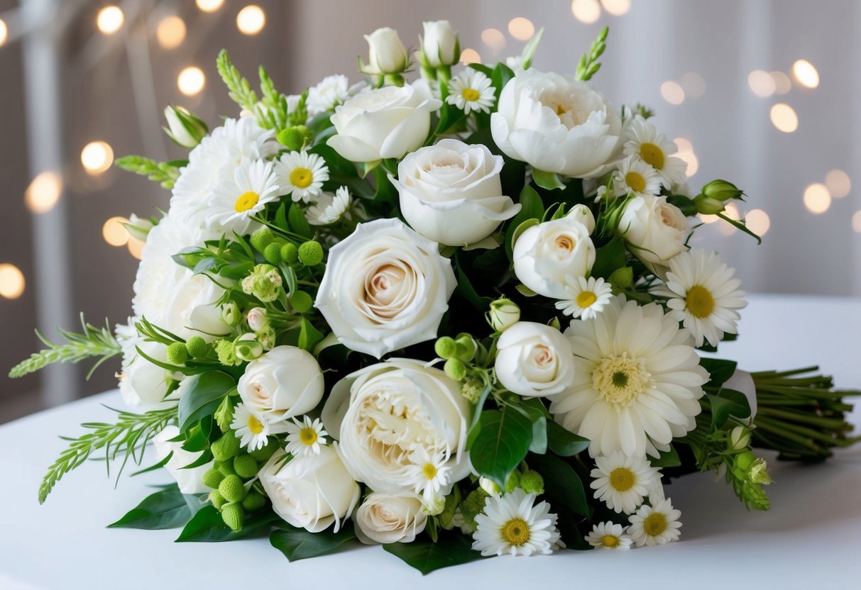 A vibrant bouquet of white roses, peonies, and daisies, symbolizing purity, love, and innocence, arranged in a cascading style