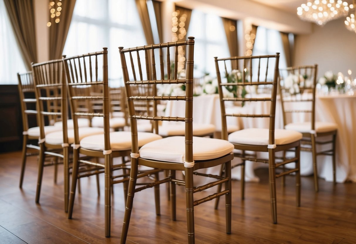 Empty chairs at a decorated wedding venue