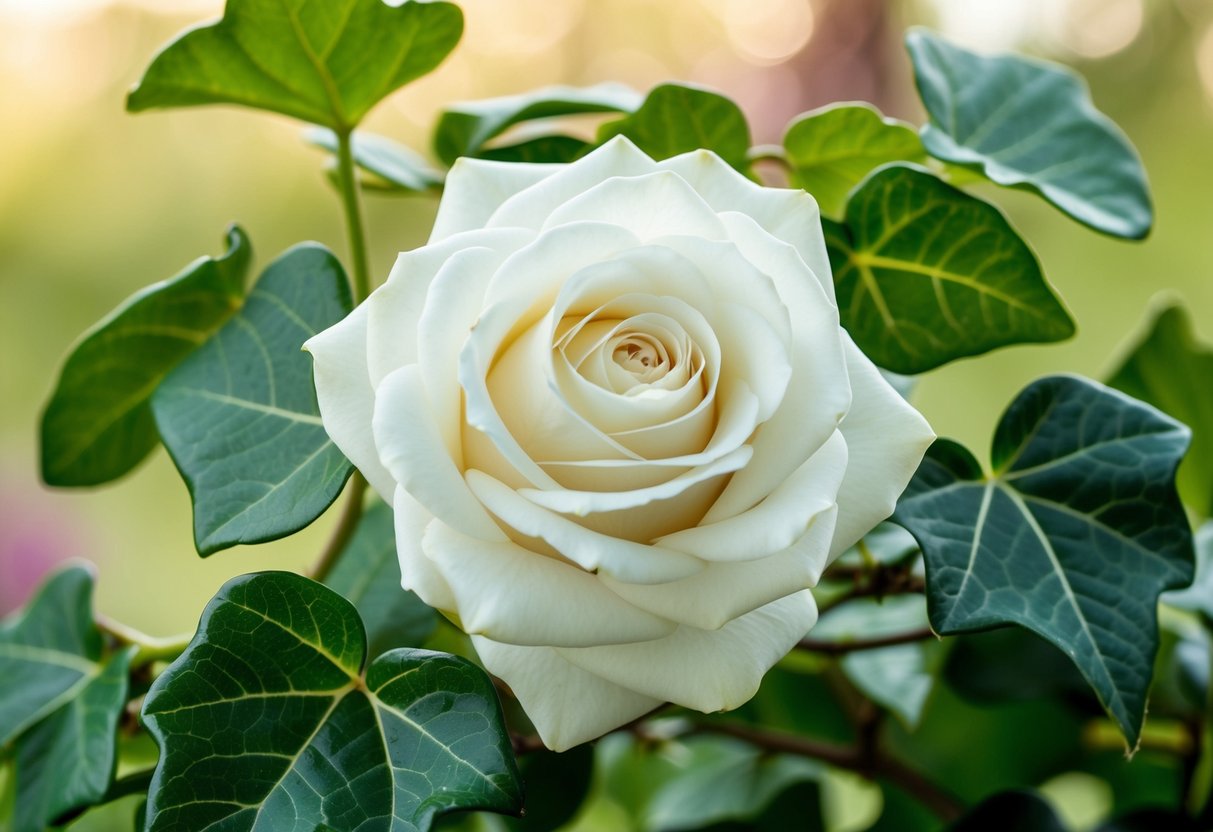 A blooming white rose and ivy intertwine, symbolizing a happy marriage