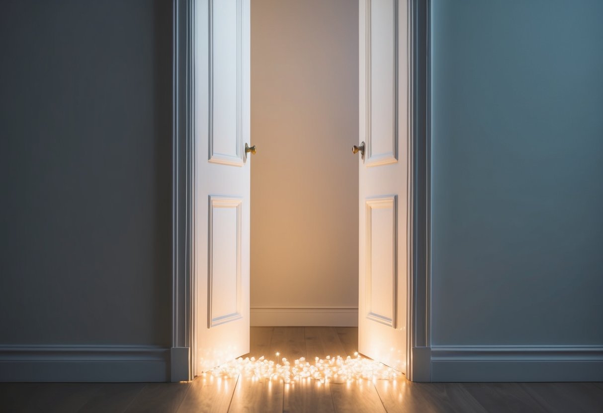 A closed door with a faint light spilling out from underneath, suggesting a late-night invitation