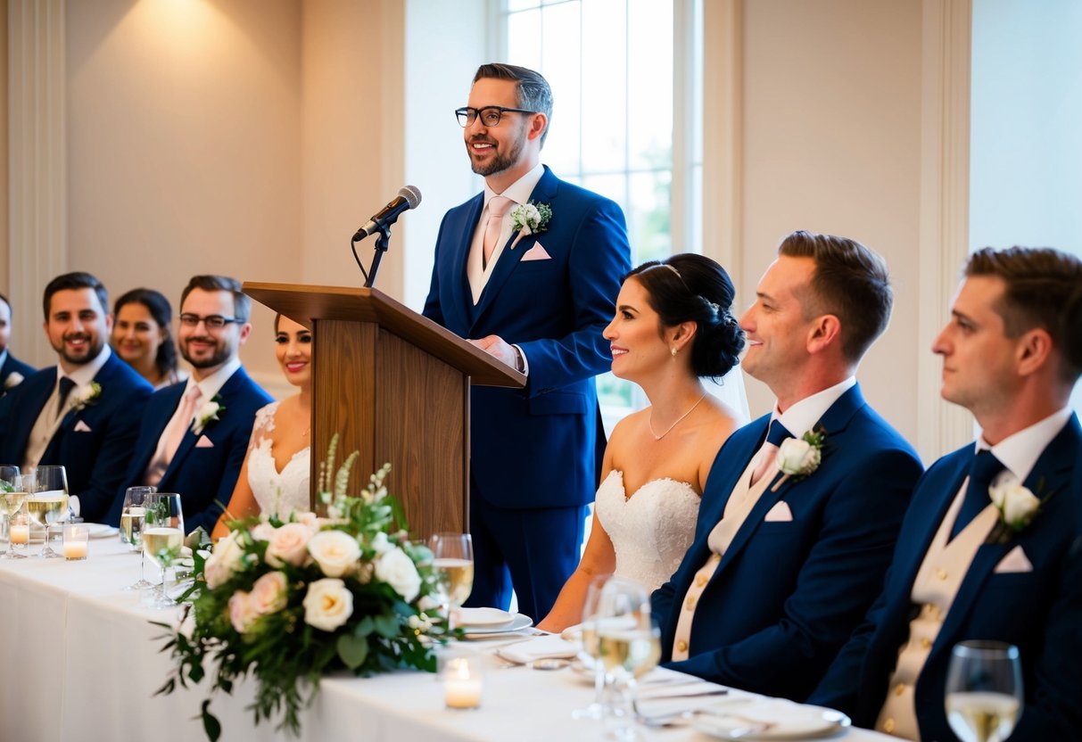 Guests listening to a wedding speech, with a speaker at a podium and a bride and groom seated at the head table