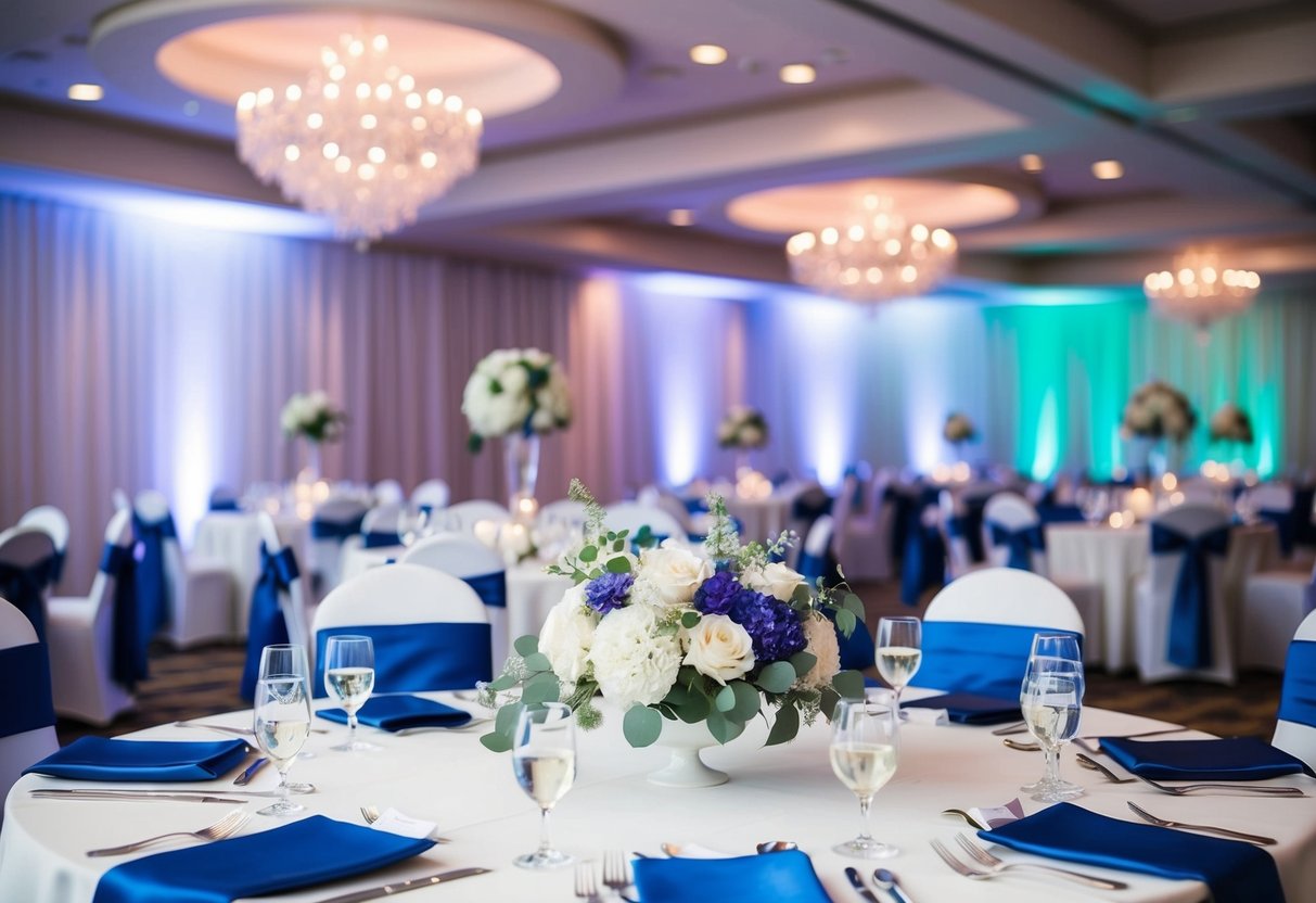 A wedding reception with predominantly blue and white decor, with minimal presence of green or purple