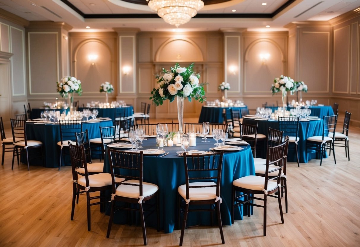 A beautifully decorated reception hall with empty chairs and tables, elegant place settings, and ambient lighting