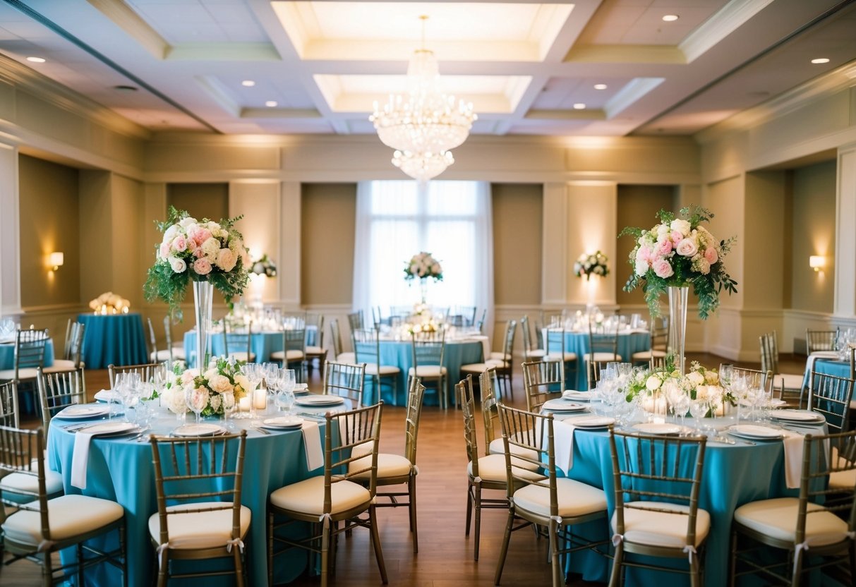 A beautifully decorated reception hall with elegant tables, chairs, and floral centerpieces. Soft lighting and a joyful atmosphere fill the room