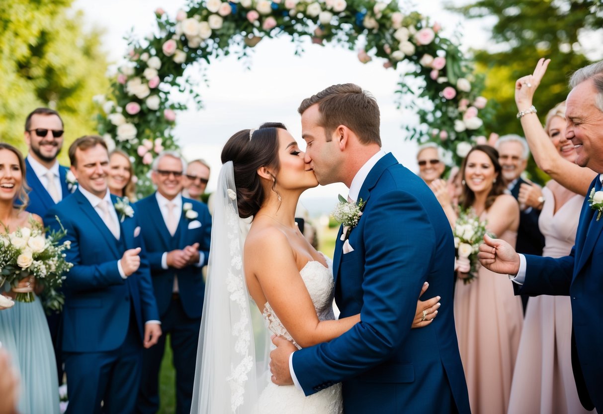 The groom leans in to kiss the bride, surrounded by cheering guests and a floral archway