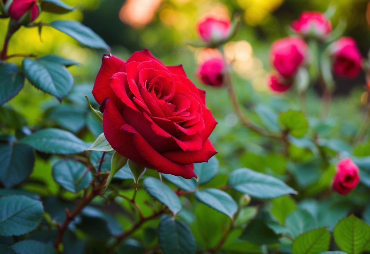 A red rose blooming in a garden, surrounded by lush green foliage