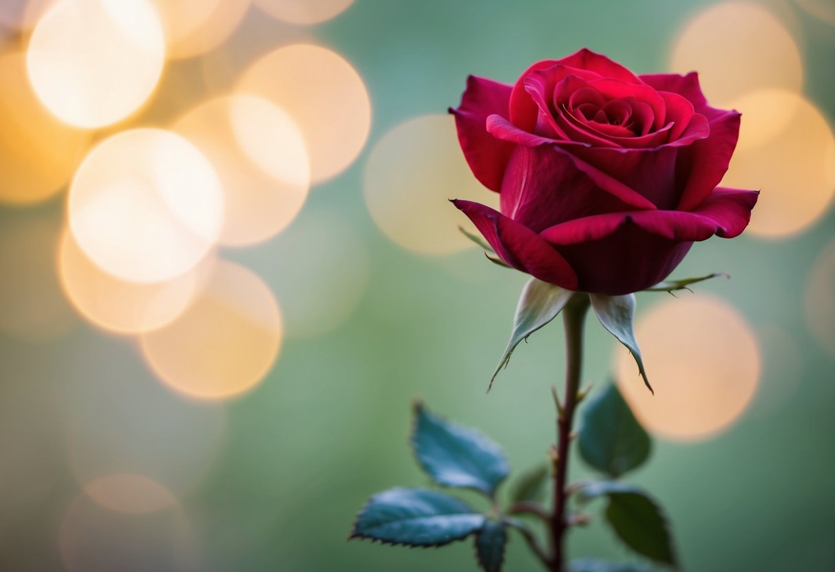 A single red rose surrounded by soft, glowing light, with delicate petals and a slender stem