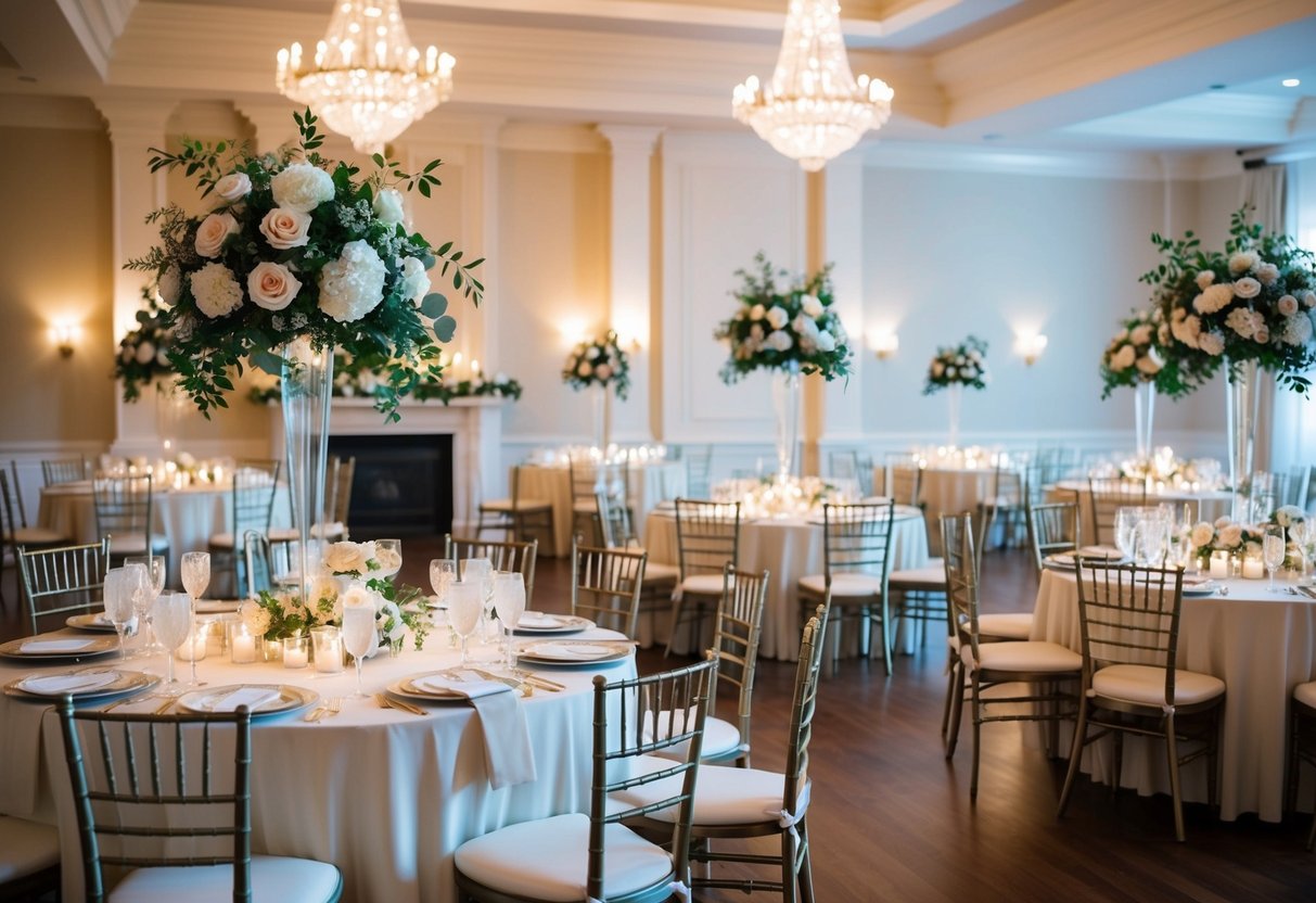A beautifully decorated reception hall with elegant tables, chairs, and floral arrangements, set for a celebration