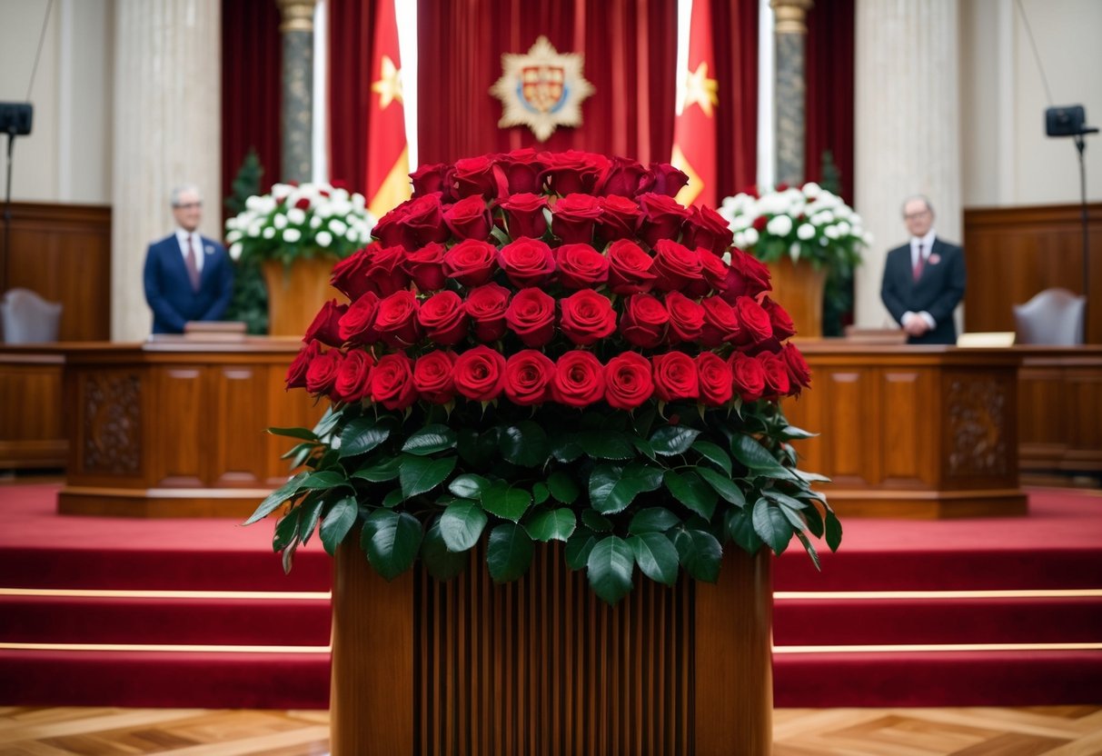 A grand hall with a regal display of red roses, symbolizing love and passion, adorning a podium in an official setting