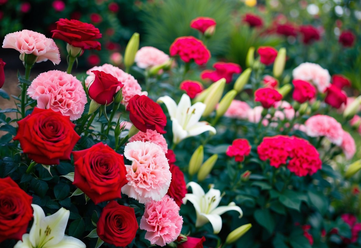 A vibrant garden with blooming red roses, pink carnations, and white lilies, symbolizing love and affection