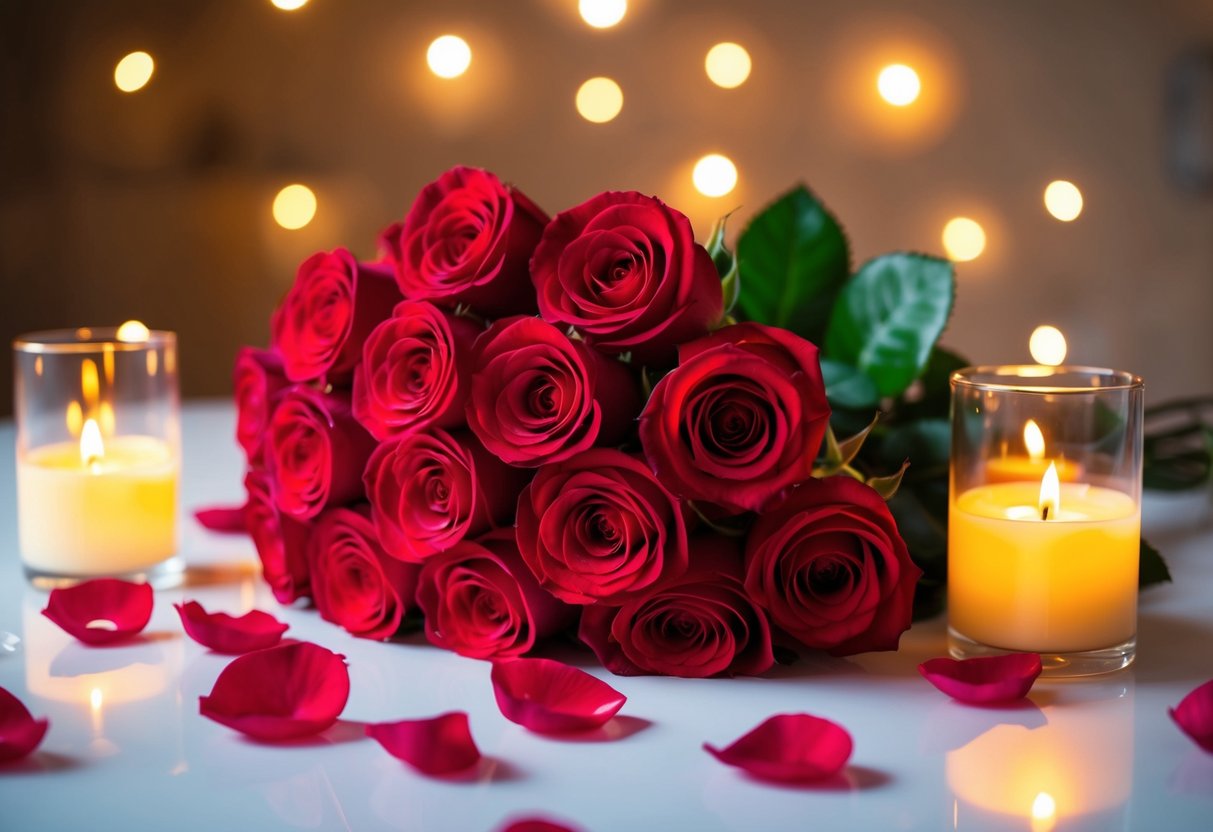 A bouquet of red roses sits on a table, surrounded by soft candlelight and scattered rose petals