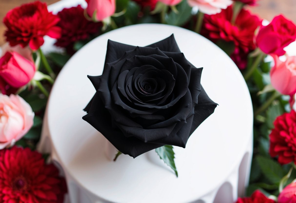 A black rose placed on a white wedding table, surrounded by vibrant red and pink flowers