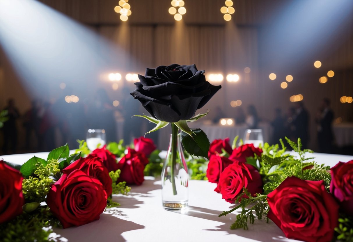 A black rose placed on a white wedding table with a spotlight shining on it, surrounded by vibrant red roses and greenery