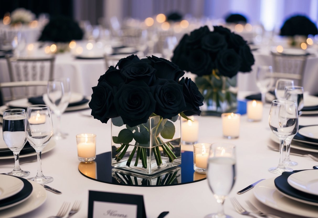 A modern wedding reception with elegant black roses adorning the tables and centerpieces, symbolizing mystery and new beginnings