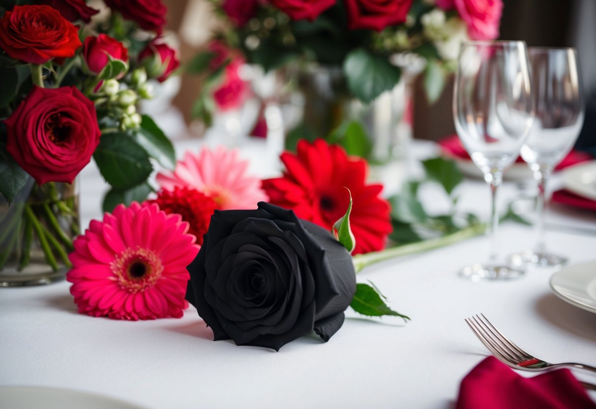 A black rose placed on a white wedding table, surrounded by vibrant red and pink flowers, evoking a sense of mystery and elegance