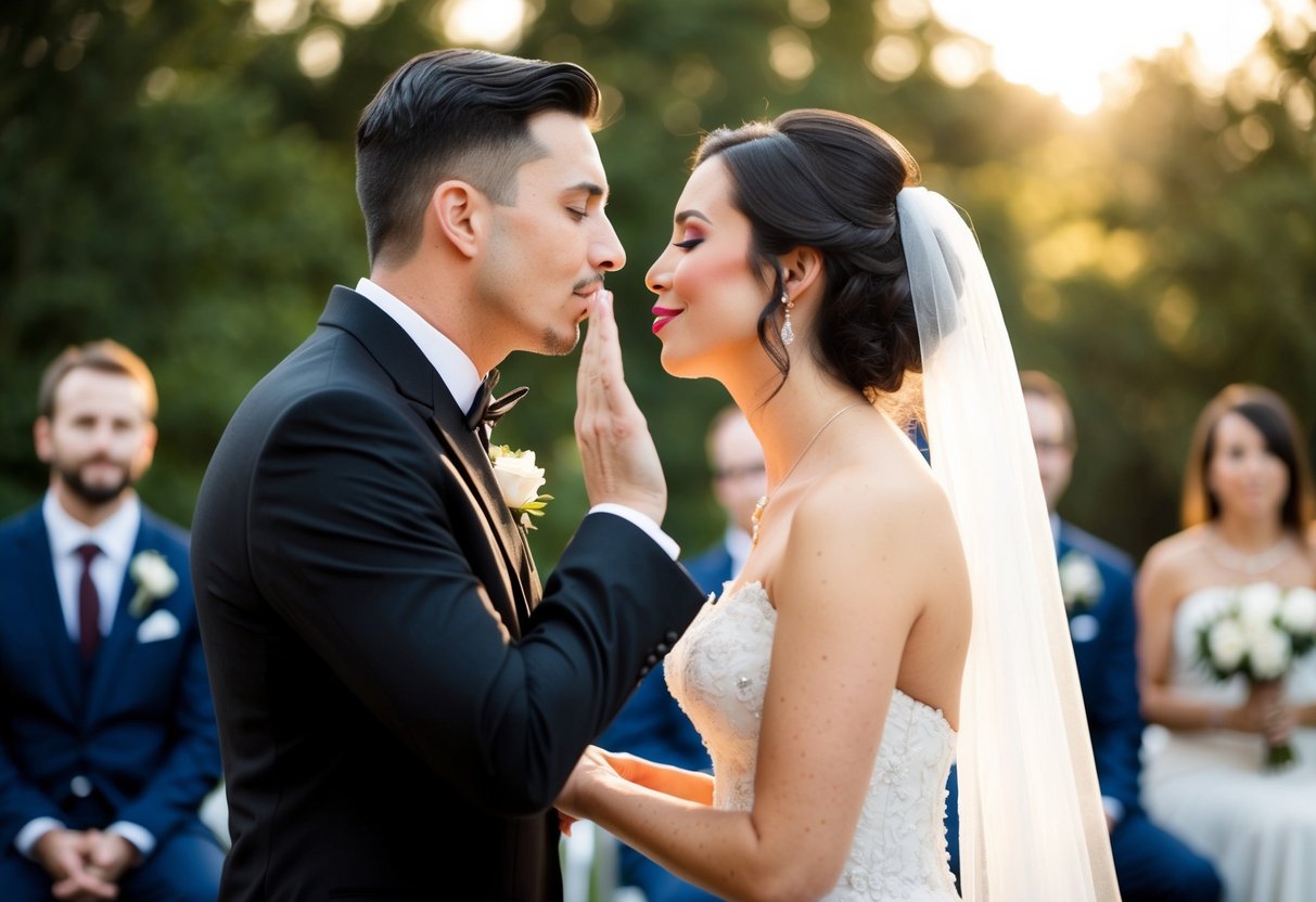 The officiant gestures for the bride to kiss the groom