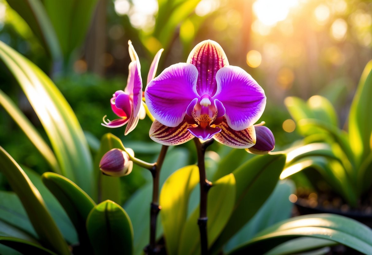 A vibrant orchid with delicate petals and rich colors, surrounded by lush green foliage and bathed in soft, golden sunlight