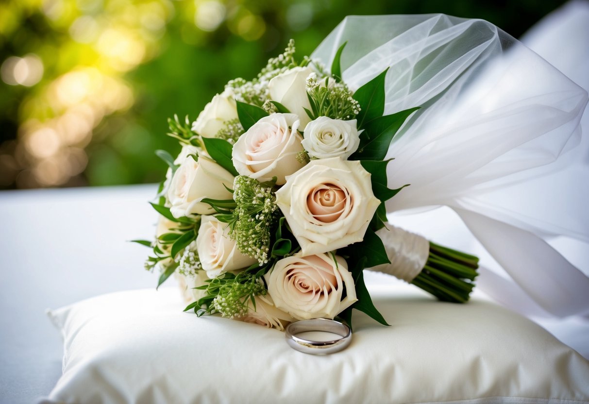 A bridal bouquet, a veil, and a wedding ring on a pillow