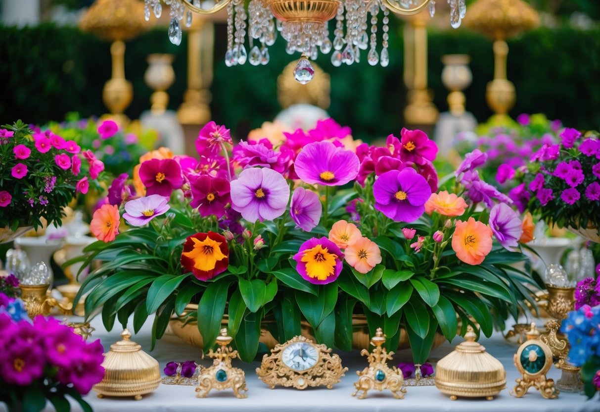 A luxurious garden filled with rare and vibrant blooms, surrounded by opulent decor and adorned with shimmering jewels