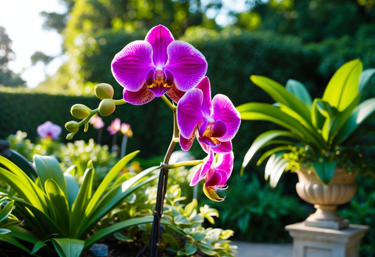 A lush garden showcases a rare and opulent orchid, its vibrant petals shimmering in the sunlight. Surrounding it are meticulously tended plants and a serene, elegant atmosphere