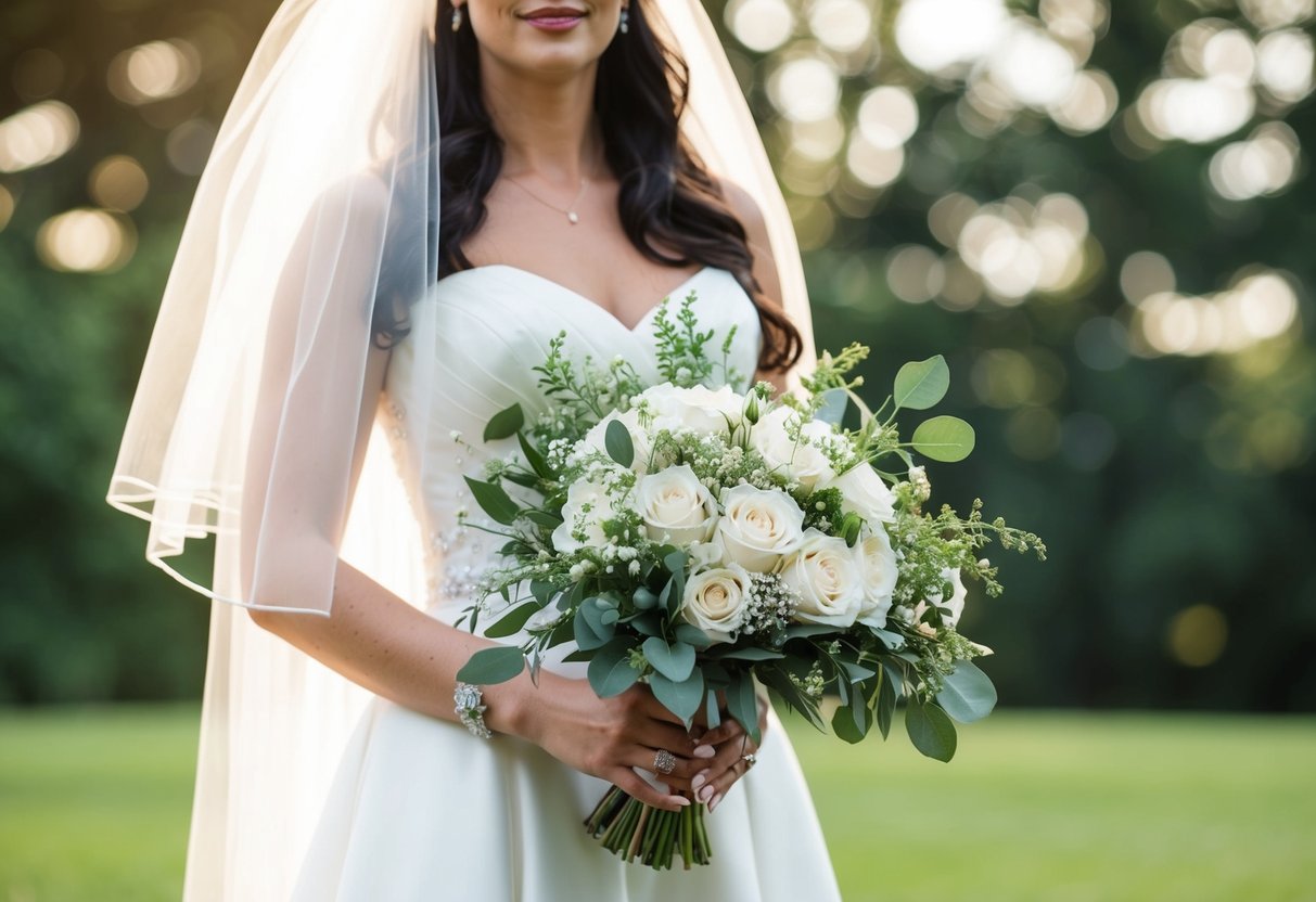 A bride needs a wedding dress, veil, and bouquet for her big day