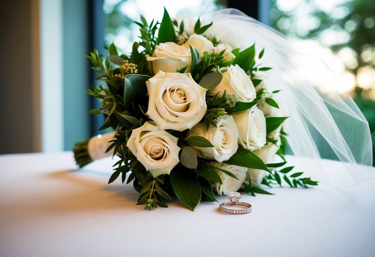 A bridal bouquet, a wedding ring, and a veil on a table