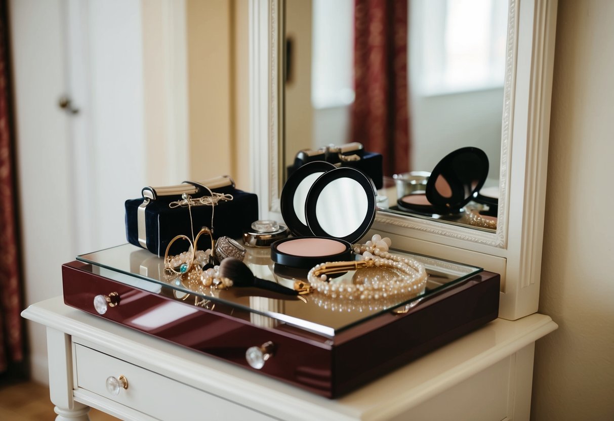 A bride's elegant accessories laid out on a vanity table