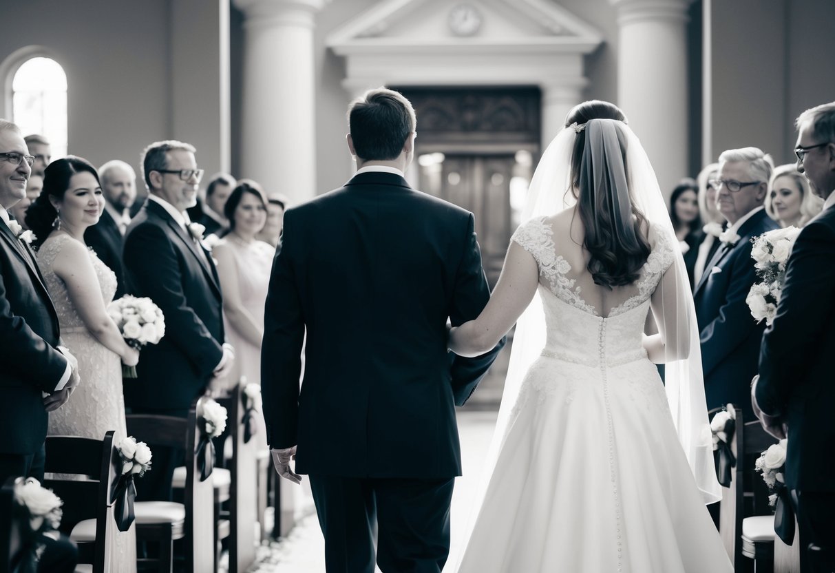 A figure stands beside the bride, offering support and guidance as she walks down the aisle. Their presence exudes love and strength, symbolizing the act of giving away the bride