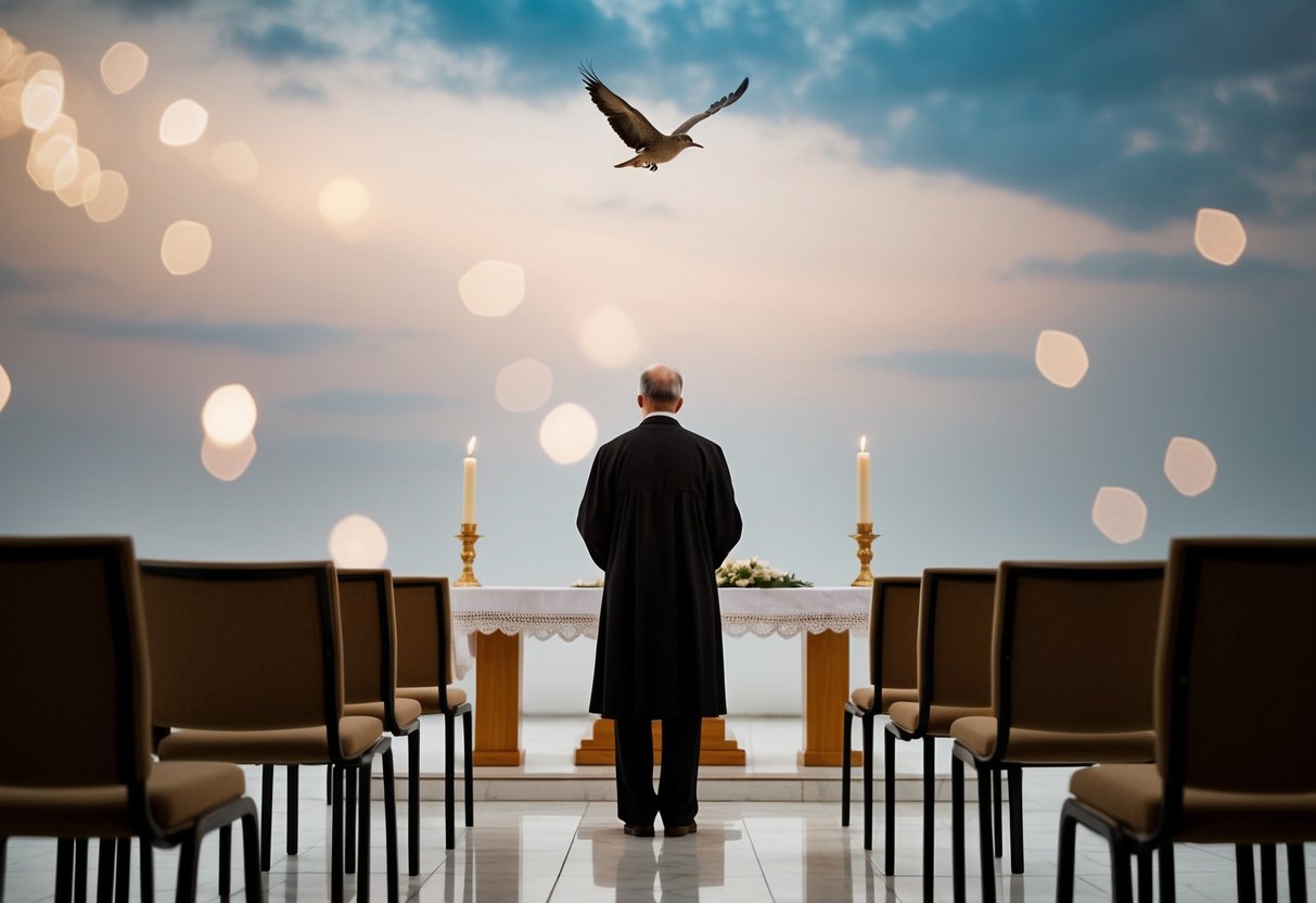 A lone figure stands at the altar, surrounded by empty chairs. A single candle burns in remembrance, while a bird flies freely overhead