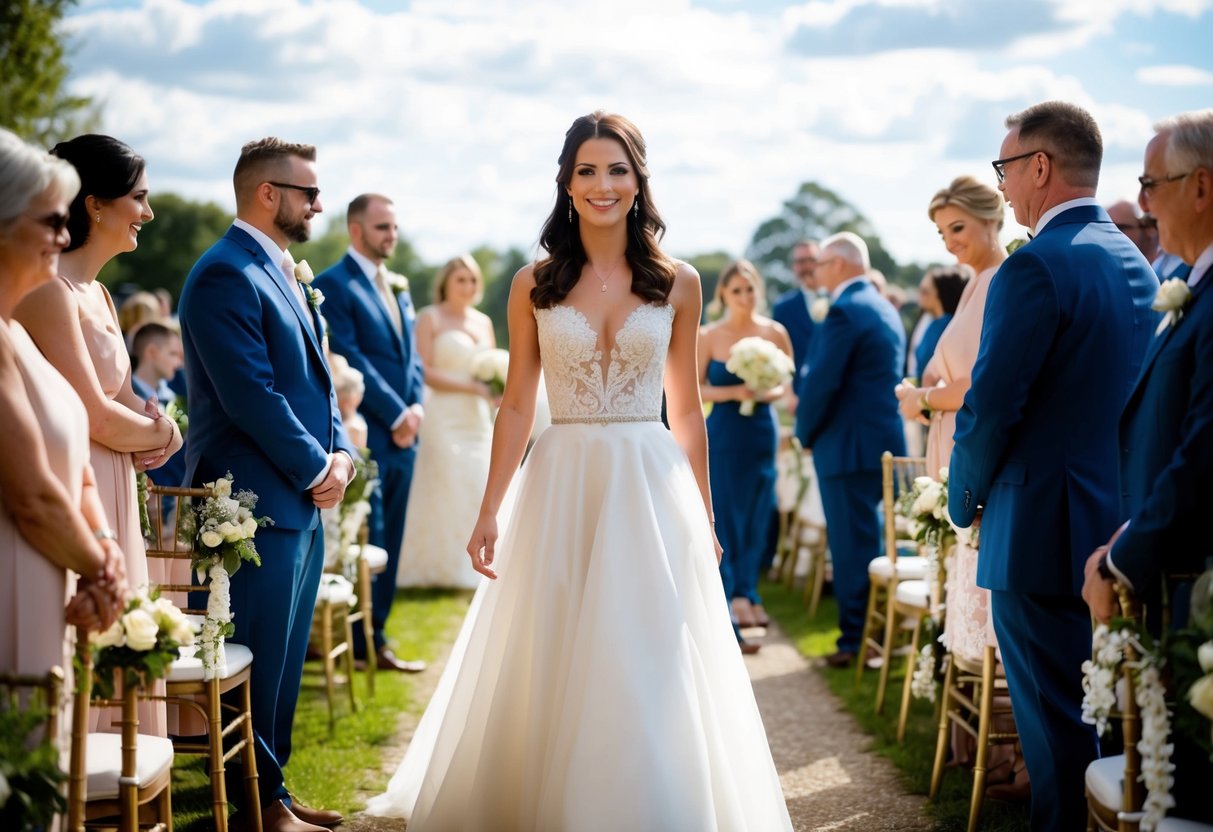 A woman stands at the front of a wedding procession, surrounded by friends and family, as she confidently walks toward her partner
