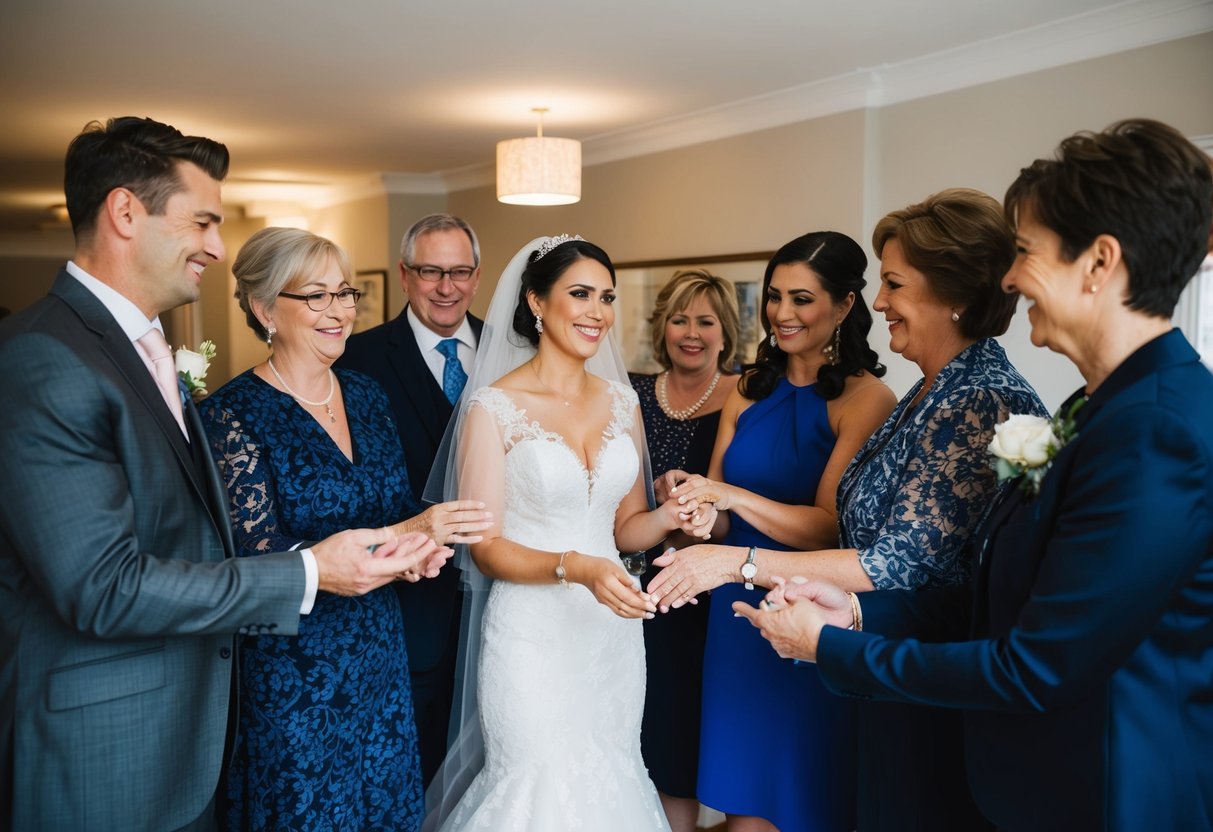 A bride surrounded by family and friends, receiving well wishes and words of encouragement before her wedding day
