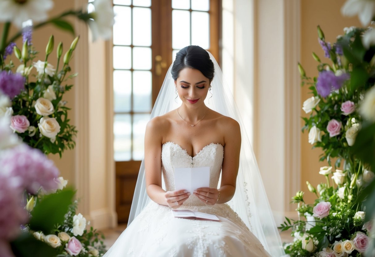 A bride sitting in a sunlit room, surrounded by flowers and wedding gown, with a serene expression as she reads a heartfelt note
