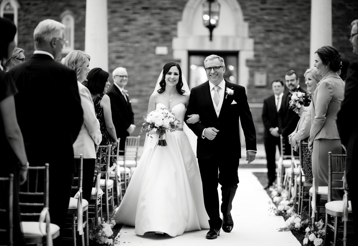 A figure stands beside the bride, offering support and guidance as she walks down the aisle, symbolizing the act of giving her away