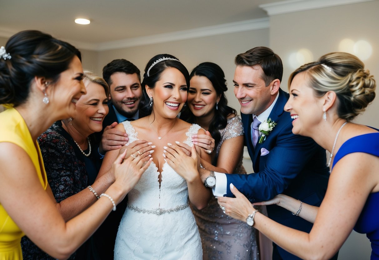 A group of friends and family surround the nervous bride, offering hugs, smiles, and words of encouragement as she prepares for her big day